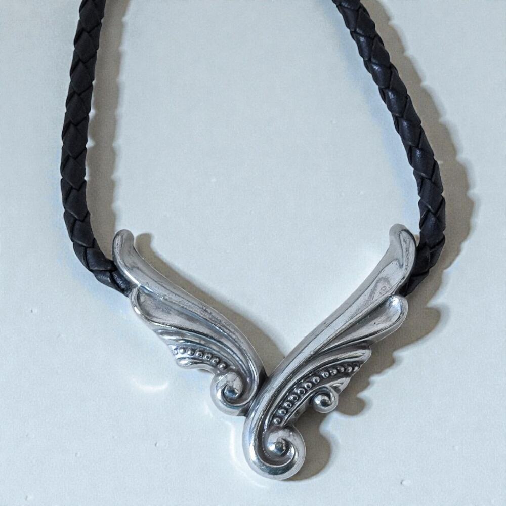 Vintage Brighton Black Braided Leather Cord Necklace Hook Clasp Silver 16.5"